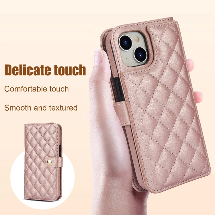 For iPhone 14 Plus Crossbody Multifunction Rhombic Leather Phone Case(Rose Gold) - iPhone 14 Plus Cases by buy2fix | Online Shopping UK | buy2fix