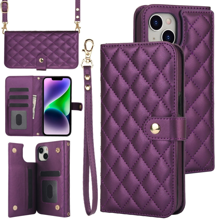 For iPhone 14 Plus Crossbody Multifunction Rhombic Leather Phone Case(Dark Purple) - iPhone 14 Plus Cases by buy2fix | Online Shopping UK | buy2fix