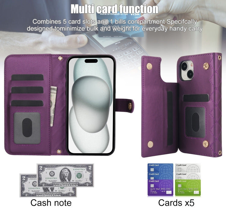For iPhone 14 Plus Crossbody Multifunction Rhombic Leather Phone Case(Dark Purple) - iPhone 14 Plus Cases by buy2fix | Online Shopping UK | buy2fix
