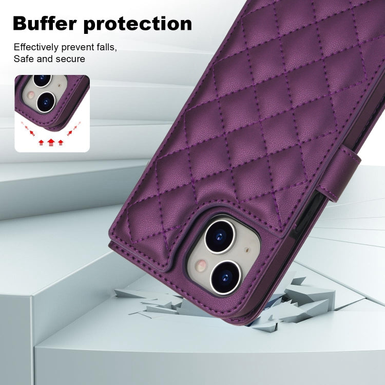 For iPhone 14 Plus Crossbody Multifunction Rhombic Leather Phone Case(Dark Purple) - iPhone 14 Plus Cases by buy2fix | Online Shopping UK | buy2fix