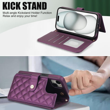 For iPhone 14 Plus Crossbody Multifunction Rhombic Leather Phone Case(Dark Purple) - iPhone 14 Plus Cases by buy2fix | Online Shopping UK | buy2fix