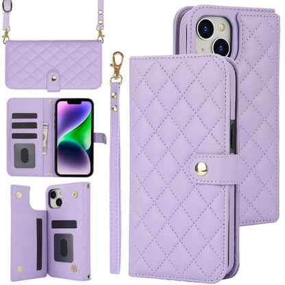 For iPhone 14 Plus Crossbody Multifunction Rhombic Leather Phone Case(Purple) - iPhone 14 Plus Cases by buy2fix | Online Shopping UK | buy2fix