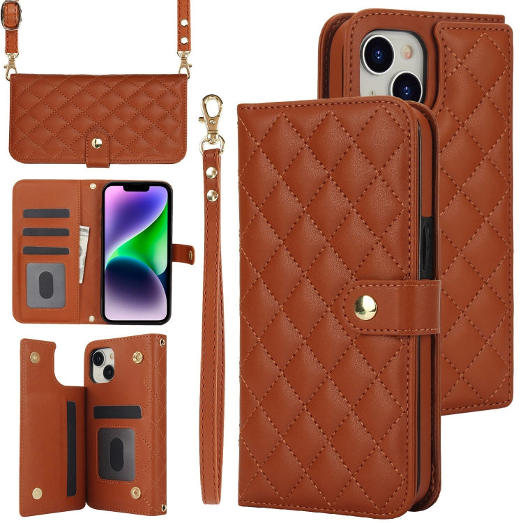 For iPhone 14 Plus Crossbody Multifunction Rhombic Leather Phone Case(Brown) - iPhone 14 Plus Cases by buy2fix | Online Shopping UK | buy2fix