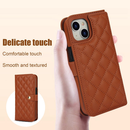 For iPhone 14 Plus Crossbody Multifunction Rhombic Leather Phone Case(Brown) - iPhone 14 Plus Cases by buy2fix | Online Shopping UK | buy2fix