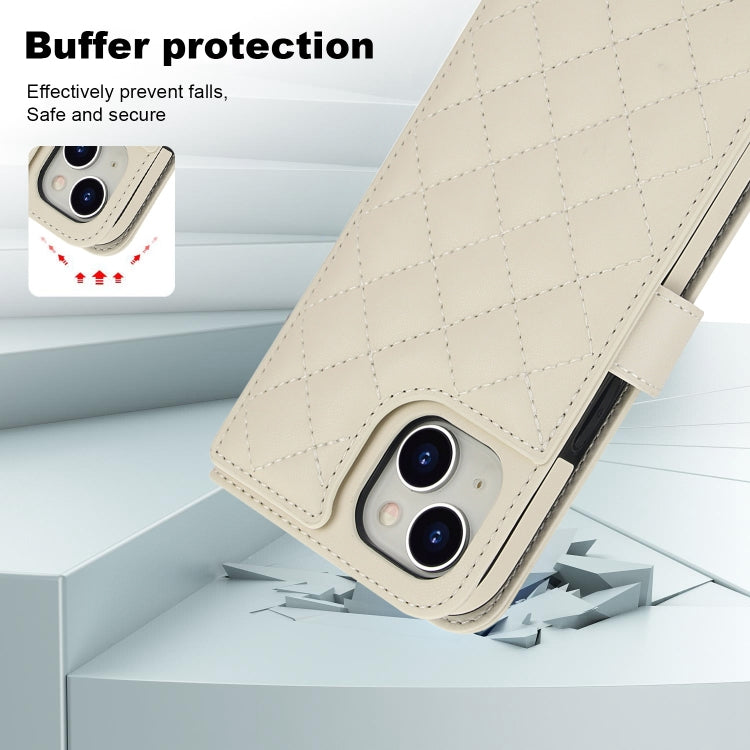 For iPhone 14 / 13 Crossbody Multifunction Rhombic Leather Phone Case(White) - iPhone 14 Cases by buy2fix | Online Shopping UK | buy2fix