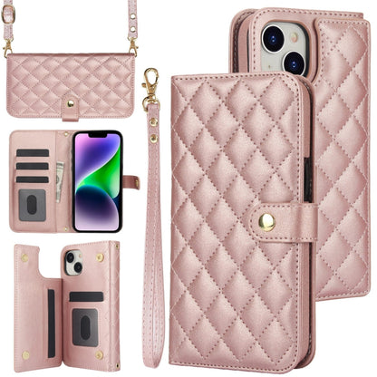 For iPhone 14 / 13 Crossbody Multifunction Rhombic Leather Phone Case(Rose Gold) - iPhone 14 Cases by buy2fix | Online Shopping UK | buy2fix