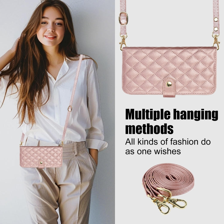 For iPhone 14 / 13 Crossbody Multifunction Rhombic Leather Phone Case(Rose Gold) - iPhone 14 Cases by buy2fix | Online Shopping UK | buy2fix