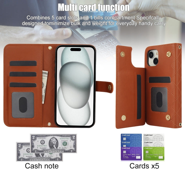 For iPhone 14 / 13 Crossbody Multifunction Rhombic Leather Phone Case(Brown) - iPhone 14 Cases by buy2fix | Online Shopping UK | buy2fix