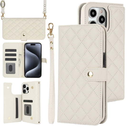 For iPhone 14 Pro Crossbody Multifunction Rhombic Leather Phone Case(White) - iPhone 14 Pro Cases by buy2fix | Online Shopping UK | buy2fix