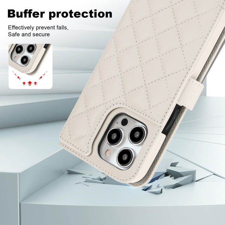 For iPhone 14 Pro Crossbody Multifunction Rhombic Leather Phone Case(White) - iPhone 14 Pro Cases by buy2fix | Online Shopping UK | buy2fix