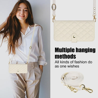 For iPhone 14 Pro Crossbody Multifunction Rhombic Leather Phone Case(White) - iPhone 14 Pro Cases by buy2fix | Online Shopping UK | buy2fix