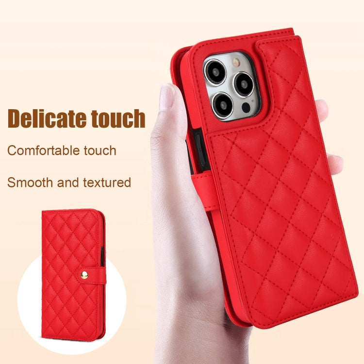 For iPhone 14 Pro Crossbody Multifunction Rhombic Leather Phone Case(Red) - iPhone 14 Pro Cases by buy2fix | Online Shopping UK | buy2fix