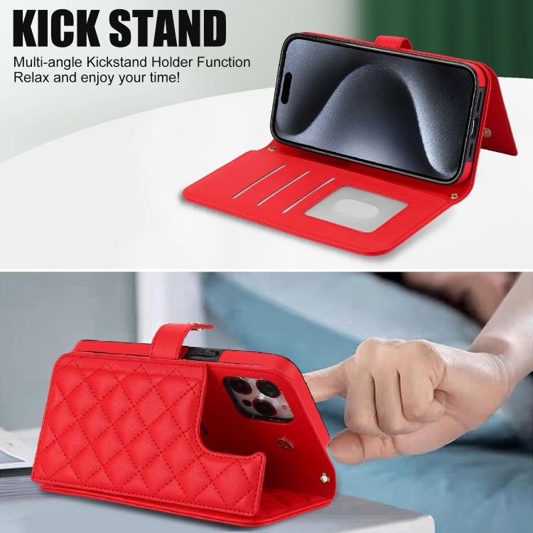 For iPhone 14 Pro Crossbody Multifunction Rhombic Leather Phone Case(Red) - iPhone 14 Pro Cases by buy2fix | Online Shopping UK | buy2fix