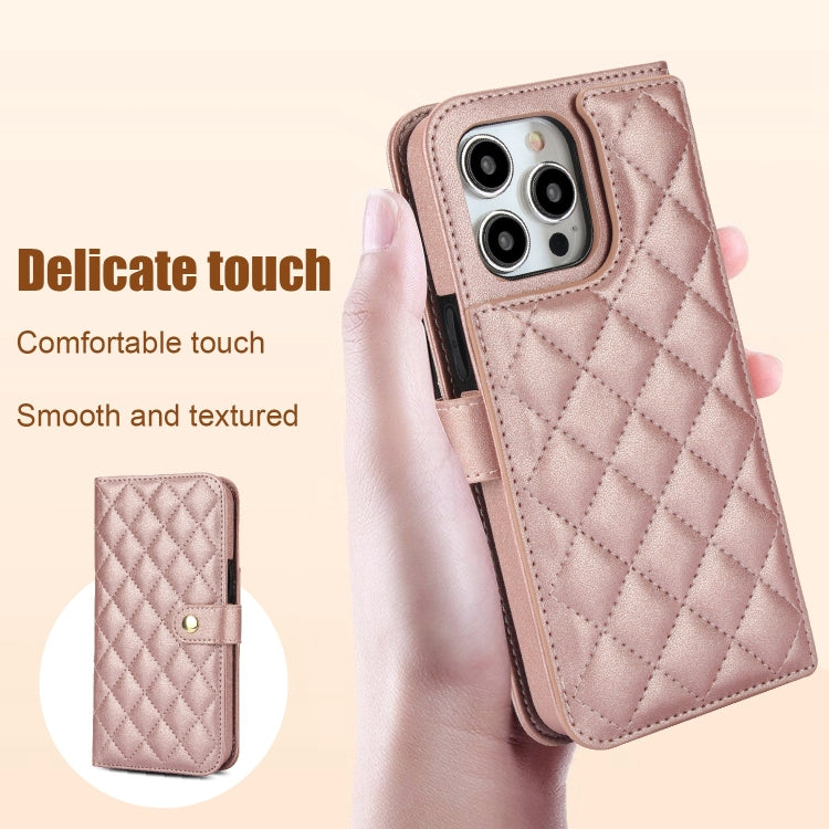 For iPhone 14 Pro Crossbody Multifunction Rhombic Leather Phone Case(Rose Gold) - iPhone 14 Pro Cases by buy2fix | Online Shopping UK | buy2fix