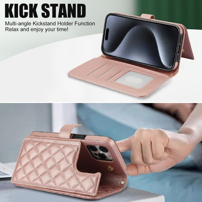 For iPhone 14 Pro Crossbody Multifunction Rhombic Leather Phone Case(Rose Gold) - iPhone 14 Pro Cases by buy2fix | Online Shopping UK | buy2fix