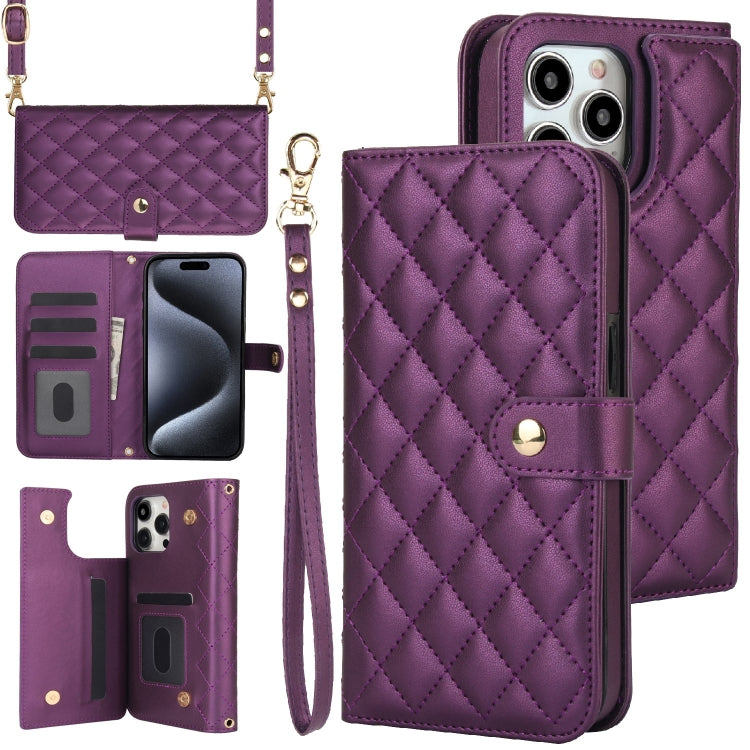 For iPhone 14 Pro Crossbody Multifunction Rhombic Leather Phone Case(Dark Purple) - iPhone 14 Pro Cases by buy2fix | Online Shopping UK | buy2fix