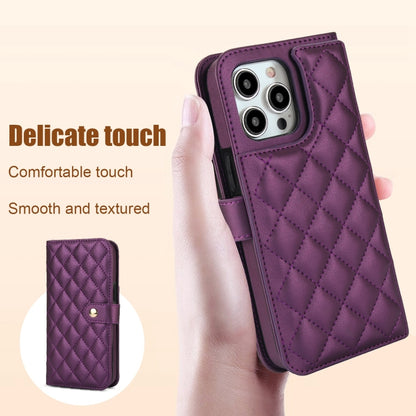 For iPhone 14 Pro Crossbody Multifunction Rhombic Leather Phone Case(Dark Purple) - iPhone 14 Pro Cases by buy2fix | Online Shopping UK | buy2fix