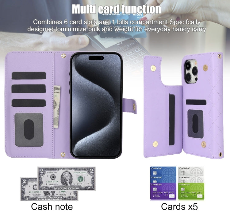 For iPhone 14 Pro Crossbody Multifunction Rhombic Leather Phone Case(Purple) - iPhone 14 Pro Cases by buy2fix | Online Shopping UK | buy2fix