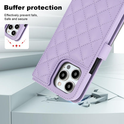 For iPhone 14 Pro Crossbody Multifunction Rhombic Leather Phone Case(Purple) - iPhone 14 Pro Cases by buy2fix | Online Shopping UK | buy2fix