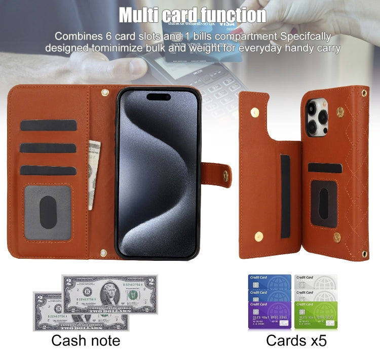 For iPhone 14 Pro Crossbody Multifunction Rhombic Leather Phone Case(Brown) - iPhone 14 Pro Cases by buy2fix | Online Shopping UK | buy2fix