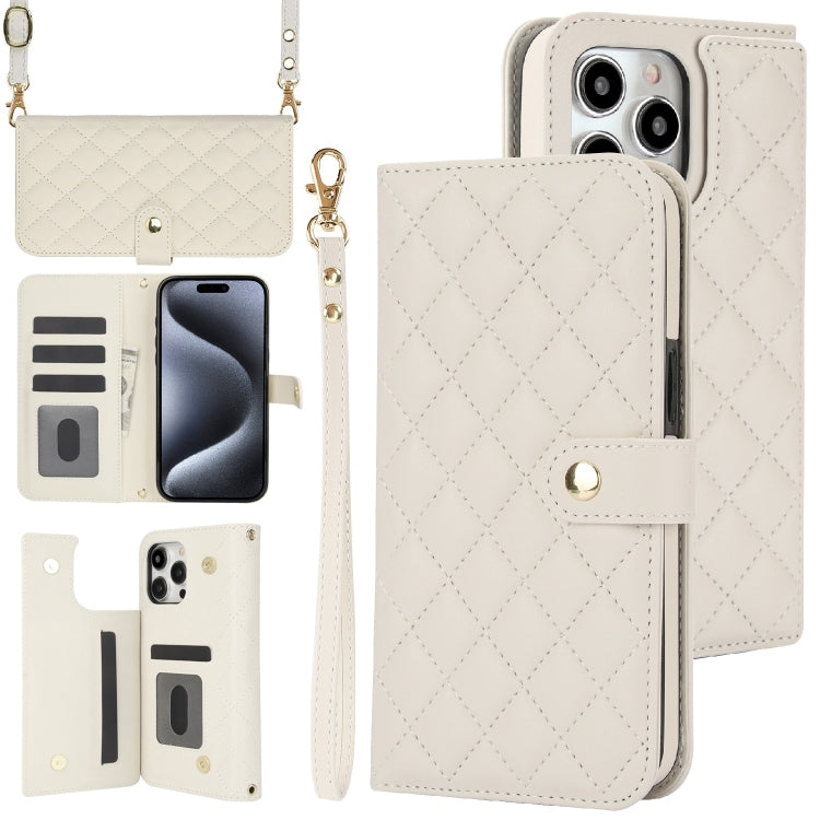 For iPhone 14 Pro Max Crossbody Multifunction Rhombic Leather Phone Case(White) - iPhone 14 Pro Max Cases by buy2fix | Online Shopping UK | buy2fix