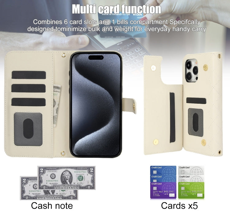 For iPhone 14 Pro Max Crossbody Multifunction Rhombic Leather Phone Case(White) - iPhone 14 Pro Max Cases by buy2fix | Online Shopping UK | buy2fix