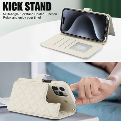 For iPhone 14 Pro Max Crossbody Multifunction Rhombic Leather Phone Case(White) - iPhone 14 Pro Max Cases by buy2fix | Online Shopping UK | buy2fix