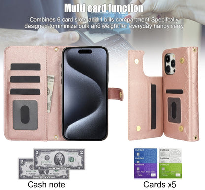For iPhone 14 Pro Max Crossbody Multifunction Rhombic Leather Phone Case(Rose Gold) - iPhone 14 Pro Max Cases by buy2fix | Online Shopping UK | buy2fix