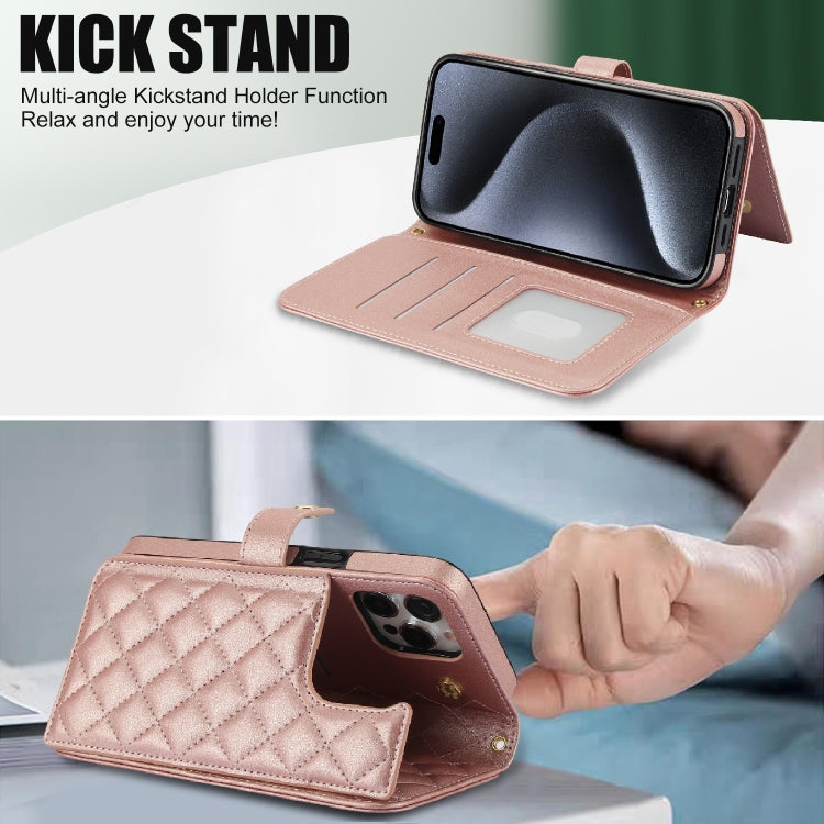 For iPhone 14 Pro Max Crossbody Multifunction Rhombic Leather Phone Case(Rose Gold) - iPhone 14 Pro Max Cases by buy2fix | Online Shopping UK | buy2fix