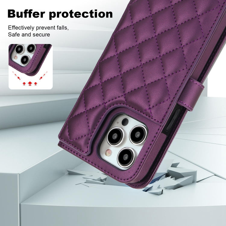 For iPhone 14 Pro Max Crossbody Multifunction Rhombic Leather Phone Case(Dark Purple) - iPhone 14 Pro Max Cases by buy2fix | Online Shopping UK | buy2fix