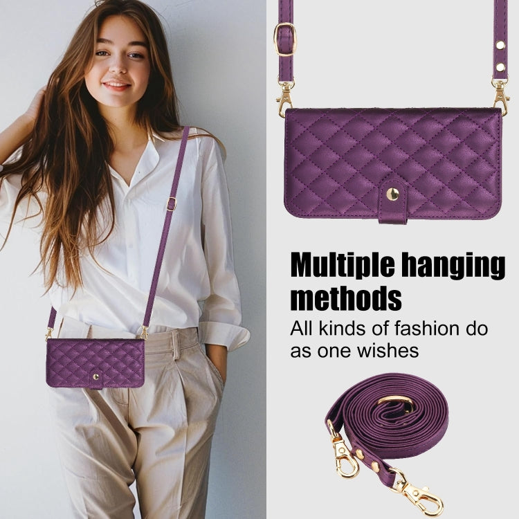 For iPhone 14 Pro Max Crossbody Multifunction Rhombic Leather Phone Case(Dark Purple) - iPhone 14 Pro Max Cases by buy2fix | Online Shopping UK | buy2fix