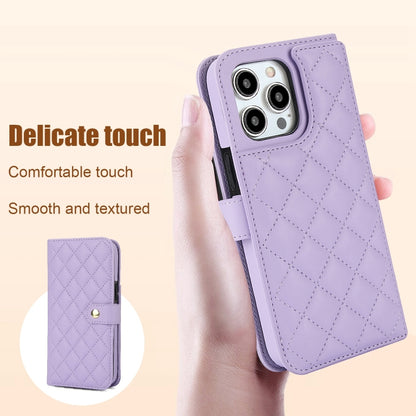 For iPhone 14 Pro Max Crossbody Multifunction Rhombic Leather Phone Case(Purple) - iPhone 14 Pro Max Cases by buy2fix | Online Shopping UK | buy2fix