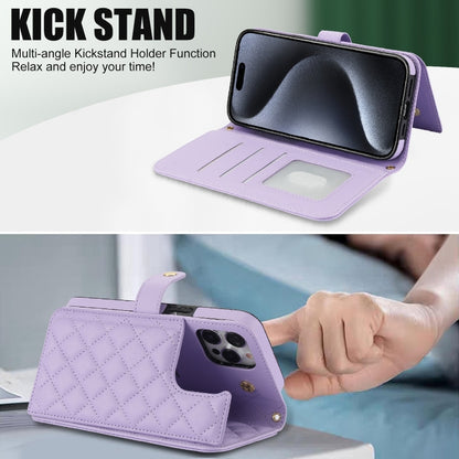 For iPhone 14 Pro Max Crossbody Multifunction Rhombic Leather Phone Case(Purple) - iPhone 14 Pro Max Cases by buy2fix | Online Shopping UK | buy2fix