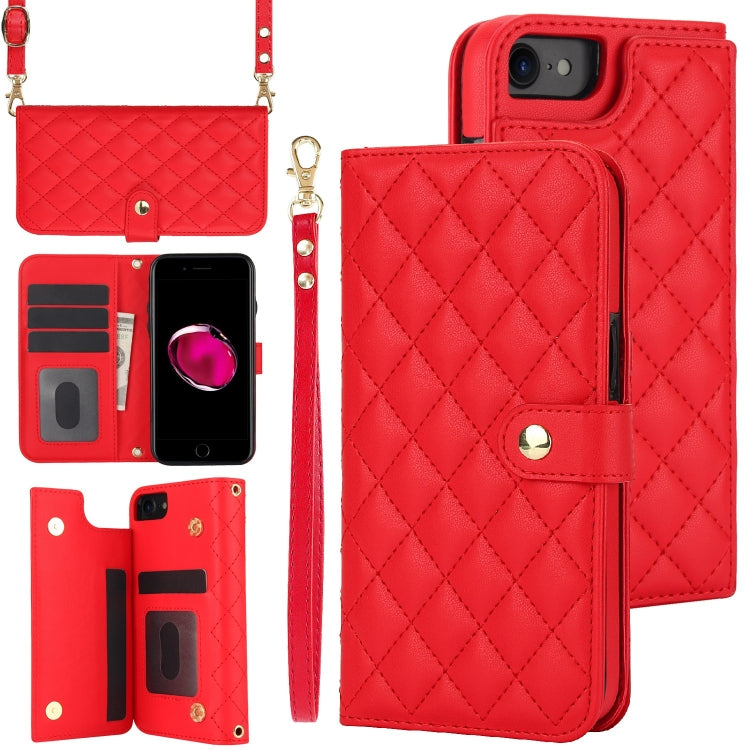 For iPhone 7 / 8 / SE 2022 Crossbody Multifunction Rhombic Leather Phone Case(Red) - iPhone SE 2022 / 2020 / 8 / 7 Cases by buy2fix | Online Shopping UK | buy2fix