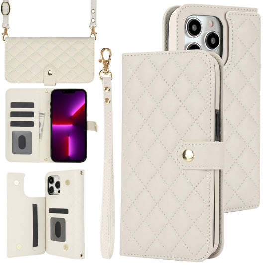 For iPhone 13 Pro Max Crossbody Multifunction Rhombic Leather Phone Case(White) - iPhone 13 Pro Max Cases by buy2fix | Online Shopping UK | buy2fix