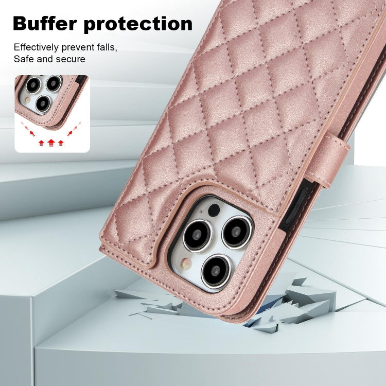 For iPhone 13 Pro Max Crossbody Multifunction Rhombic Leather Phone Case(Rose Gold) - iPhone 13 Pro Max Cases by buy2fix | Online Shopping UK | buy2fix