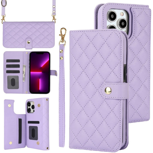 For iPhone 13 Pro Max Crossbody Multifunction Rhombic Leather Phone Case(Purple) - iPhone 13 Pro Max Cases by buy2fix | Online Shopping UK | buy2fix
