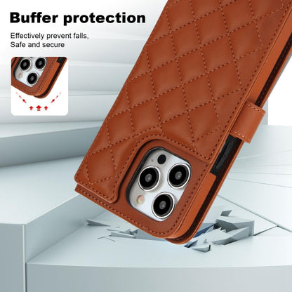For iPhone 13 Pro Max Crossbody Multifunction Rhombic Leather Phone Case(Brown) - iPhone 13 Pro Max Cases by buy2fix | Online Shopping UK | buy2fix