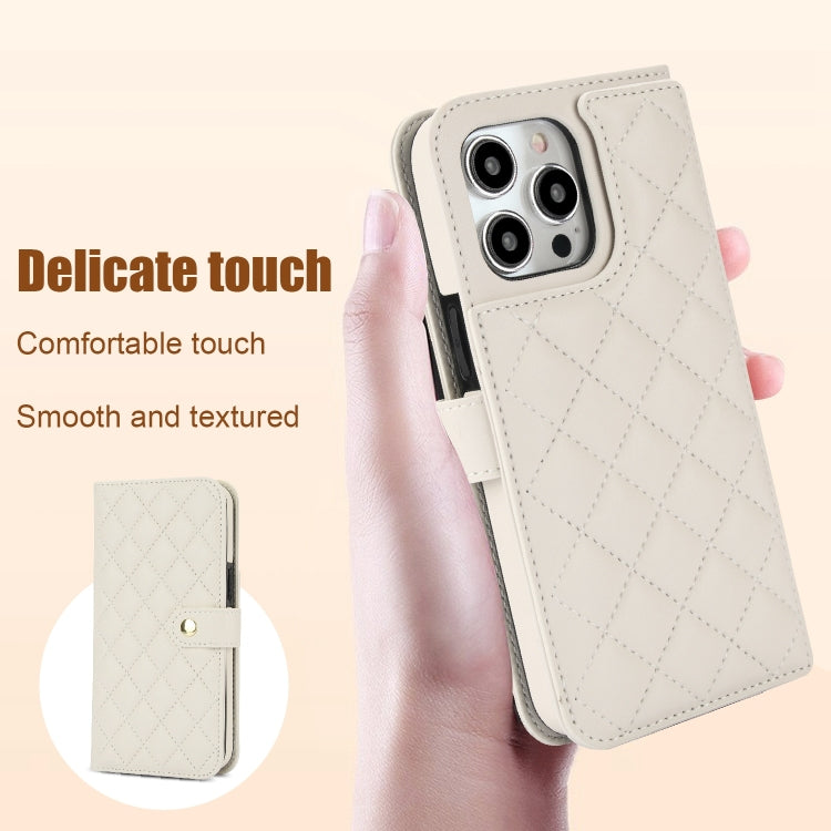 For iPhone 13 Pro Crossbody Multifunction Rhombic Leather Phone Case(White) - iPhone 13 Pro Cases by buy2fix | Online Shopping UK | buy2fix