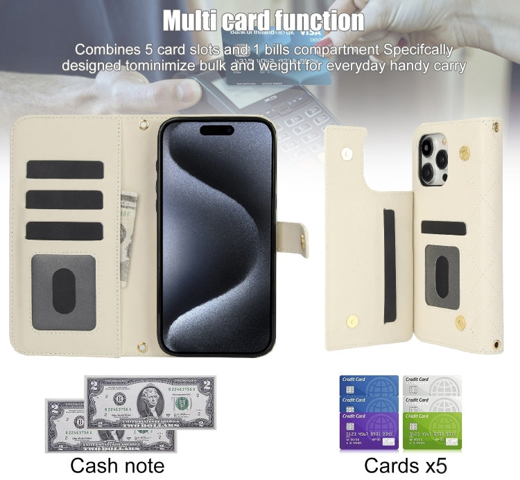 For iPhone 13 Pro Crossbody Multifunction Rhombic Leather Phone Case(White) - iPhone 13 Pro Cases by buy2fix | Online Shopping UK | buy2fix