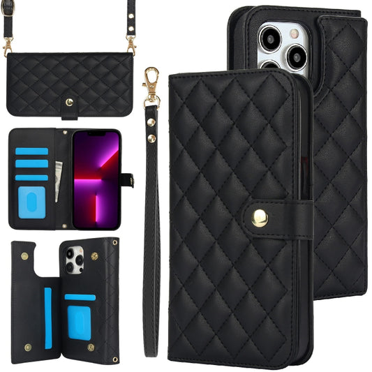 For iPhone 13 Pro Crossbody Multifunction Rhombic Leather Phone Case(Black) - iPhone 13 Pro Cases by buy2fix | Online Shopping UK | buy2fix
