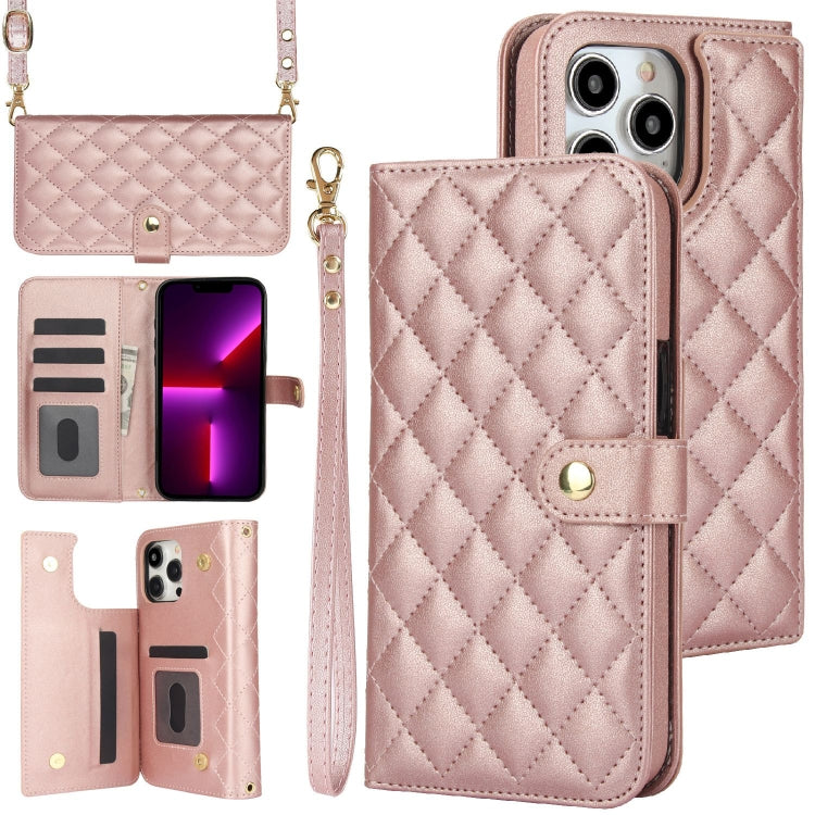 For iPhone 13 Pro Crossbody Multifunction Rhombic Leather Phone Case(Rose Gold) - iPhone 13 Pro Cases by buy2fix | Online Shopping UK | buy2fix