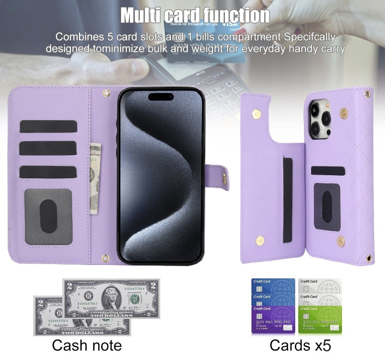 For iPhone 13 Pro Crossbody Multifunction Rhombic Leather Phone Case(Purple) - iPhone 13 Pro Cases by buy2fix | Online Shopping UK | buy2fix