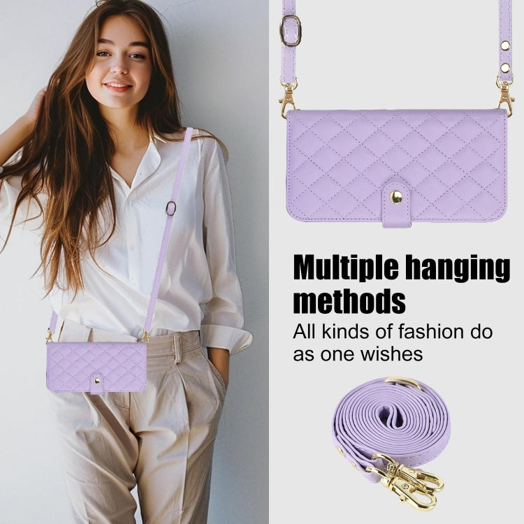 For iPhone 13 Pro Crossbody Multifunction Rhombic Leather Phone Case(Purple) - iPhone 13 Pro Cases by buy2fix | Online Shopping UK | buy2fix