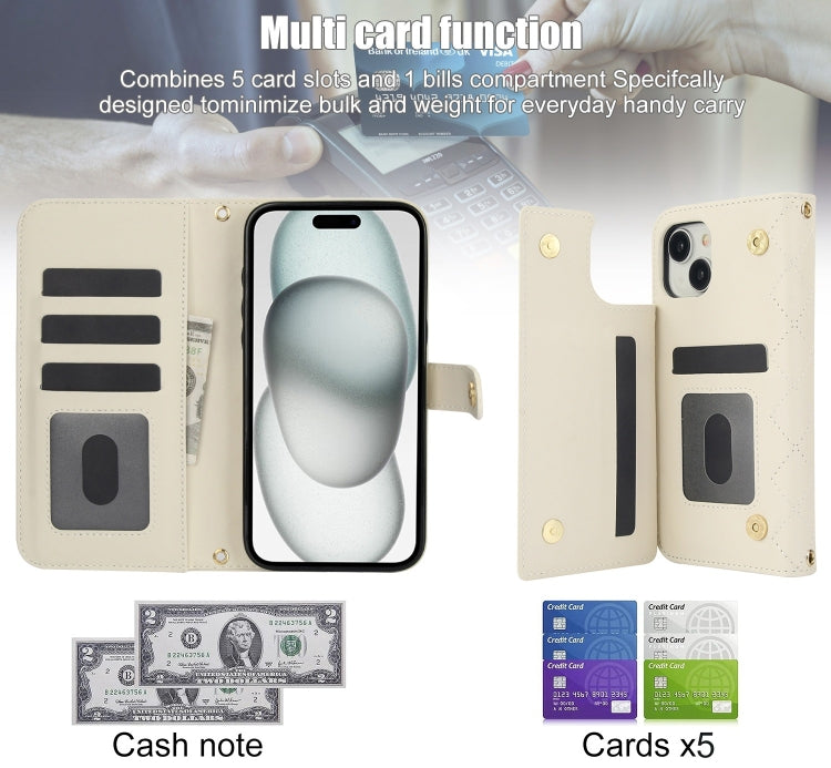 For iPhone 13 mini Crossbody Multifunction Rhombic Leather Phone Case(White) - iPhone 13 mini Cases by buy2fix | Online Shopping UK | buy2fix