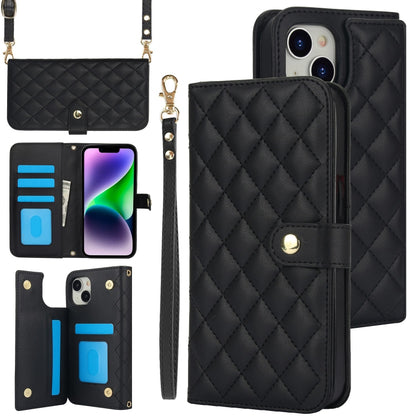 For iPhone 13 mini Crossbody Multifunction Rhombic Leather Phone Case(Black) - iPhone 13 mini Cases by buy2fix | Online Shopping UK | buy2fix
