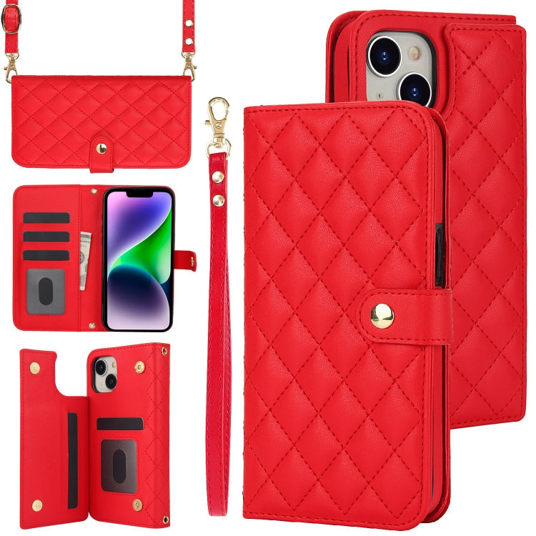 For iPhone 13 mini Crossbody Multifunction Rhombic Leather Phone Case(Red) - iPhone 13 mini Cases by buy2fix | Online Shopping UK | buy2fix