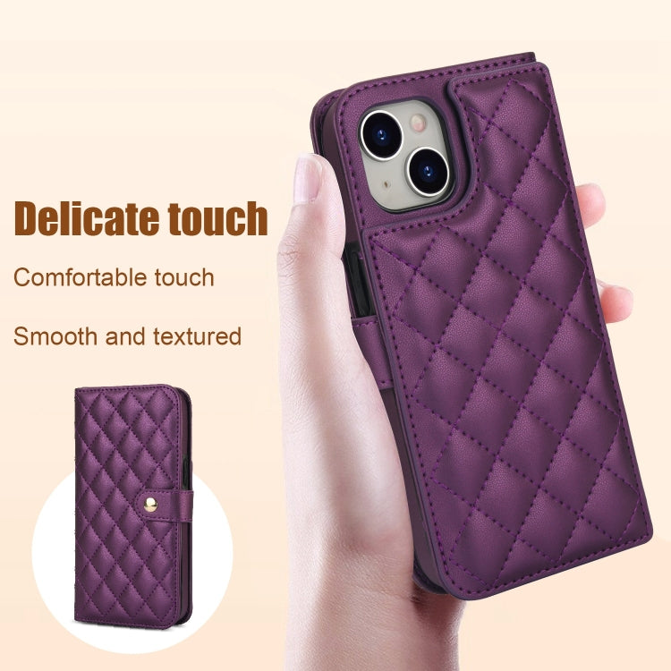 For iPhone 13 mini Crossbody Multifunction Rhombic Leather Phone Case(Dark Purple) - iPhone 13 mini Cases by buy2fix | Online Shopping UK | buy2fix