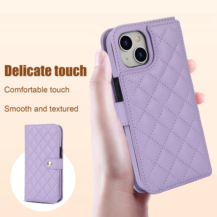 For iPhone 13 mini Crossbody Multifunction Rhombic Leather Phone Case(Purple) - iPhone 13 mini Cases by buy2fix | Online Shopping UK | buy2fix