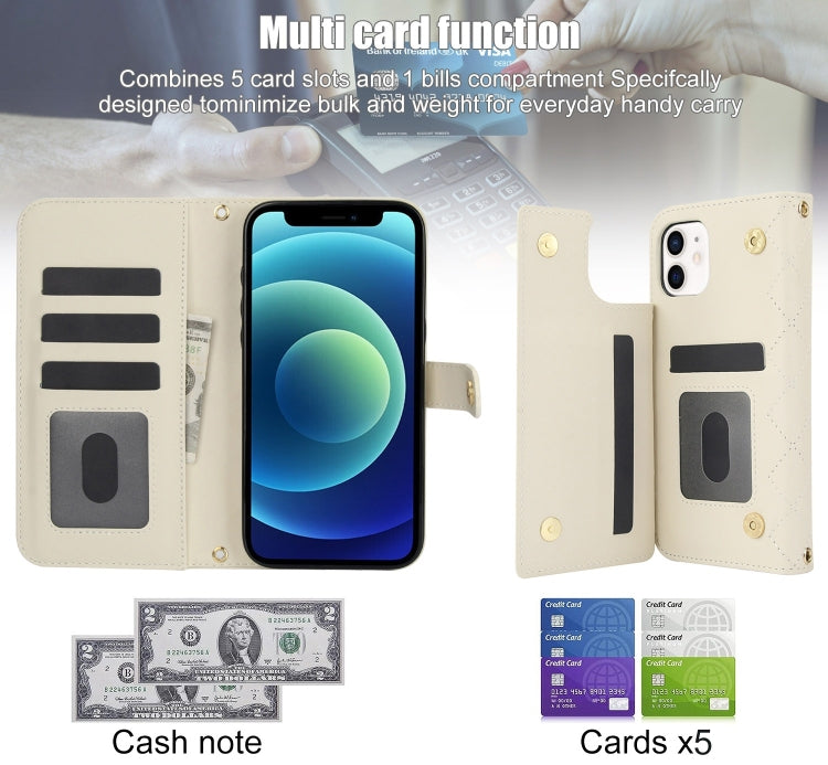 For iPhone 12 mini Crossbody Multifunction Rhombic Leather Phone Case(White) - iPhone 12 mini Cases by buy2fix | Online Shopping UK | buy2fix